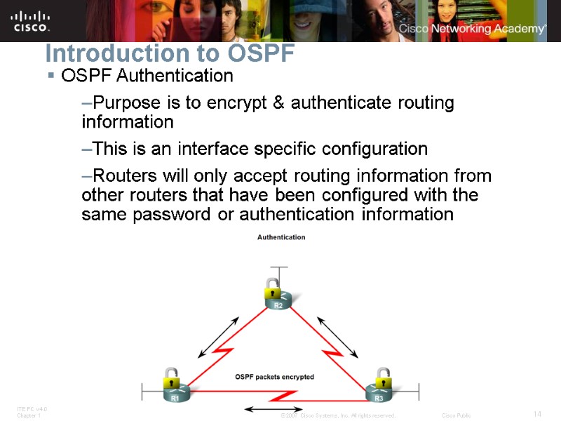Introduction to OSPF OSPF Authentication Purpose is to encrypt & authenticate routing information This